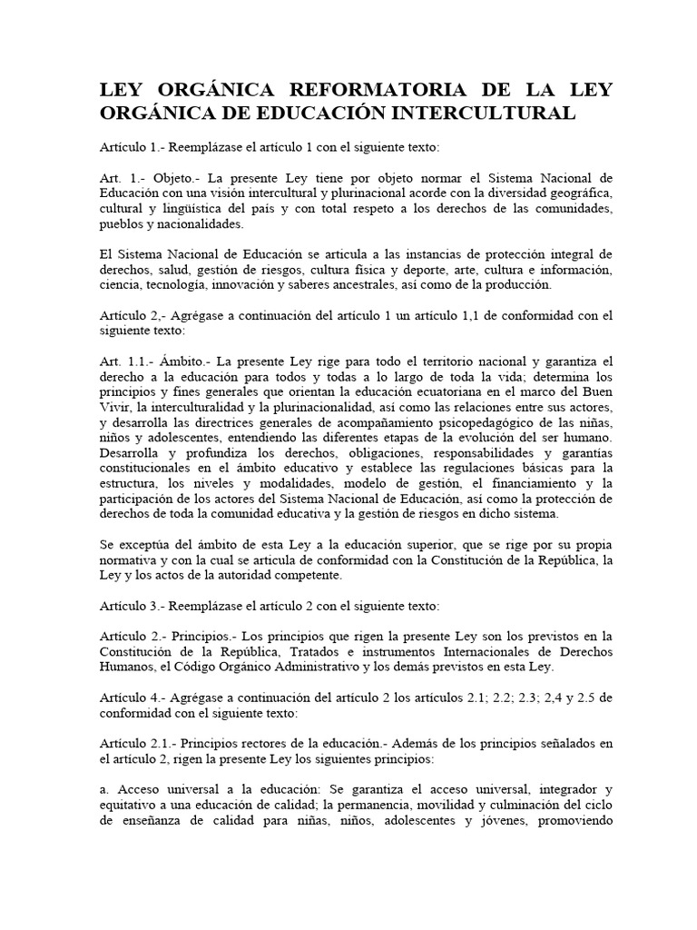 Ley Orgánica Reformatoria de La Ley Orgánica de Educación Intercultural ...