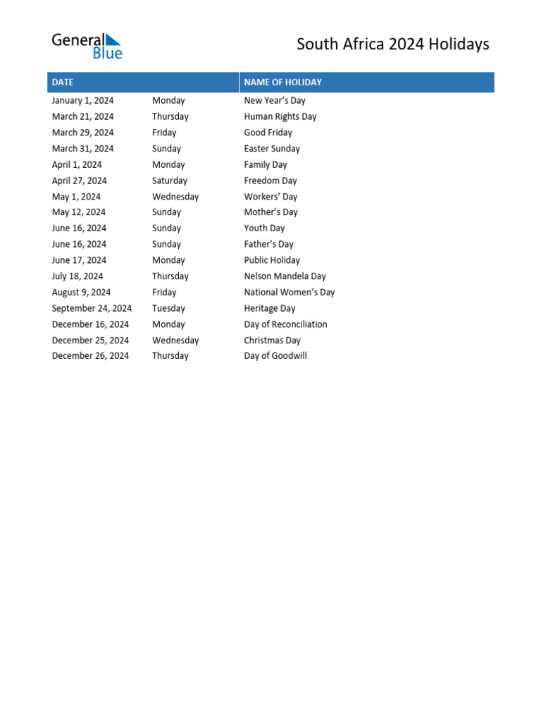 South Africa Holidays 2024 List Classic en Za | PDF