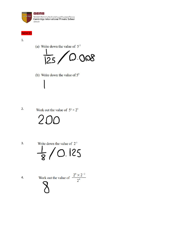 WorksheetIndices and Standard Forms PDF