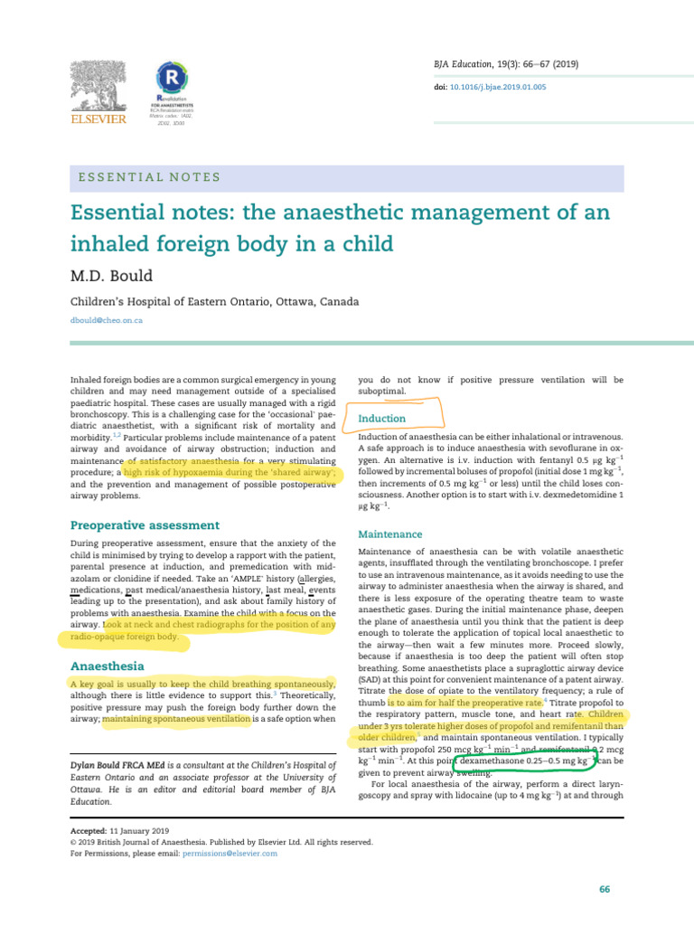 Essential Notes. The Anaesthetic Management of An Inhaled Foreign Body