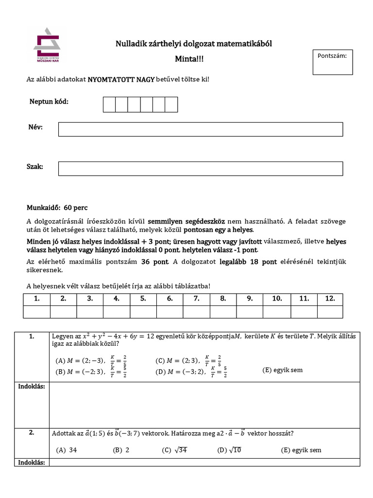 Nulladik ZH Minta | PDF