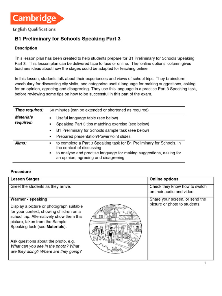B1 Preliminary Speaking Lesson Plan | PDF | Lesson Plan | Communication