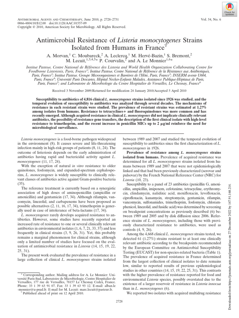 Antimicrobial Resistance of L. Monocytogenes Strains Isolated From ...