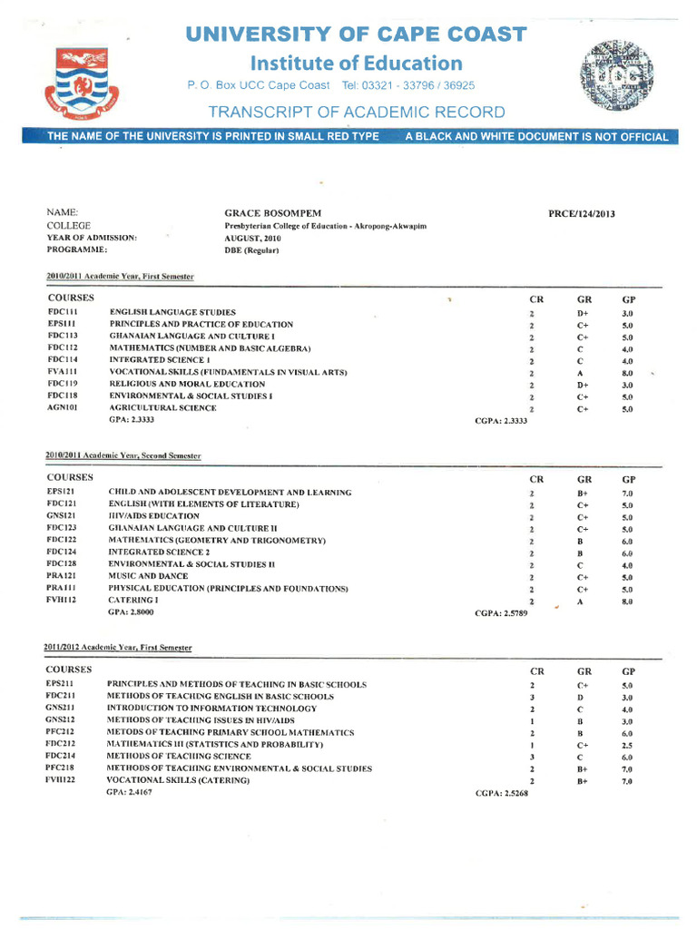 Grace Transcript | PDF
