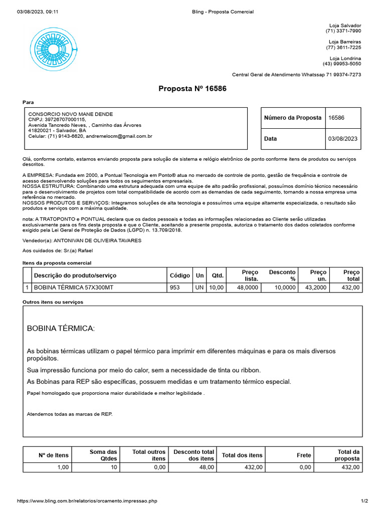 Proposta Bling 16586 - Consorcio Novo Mane Dende | PDF
