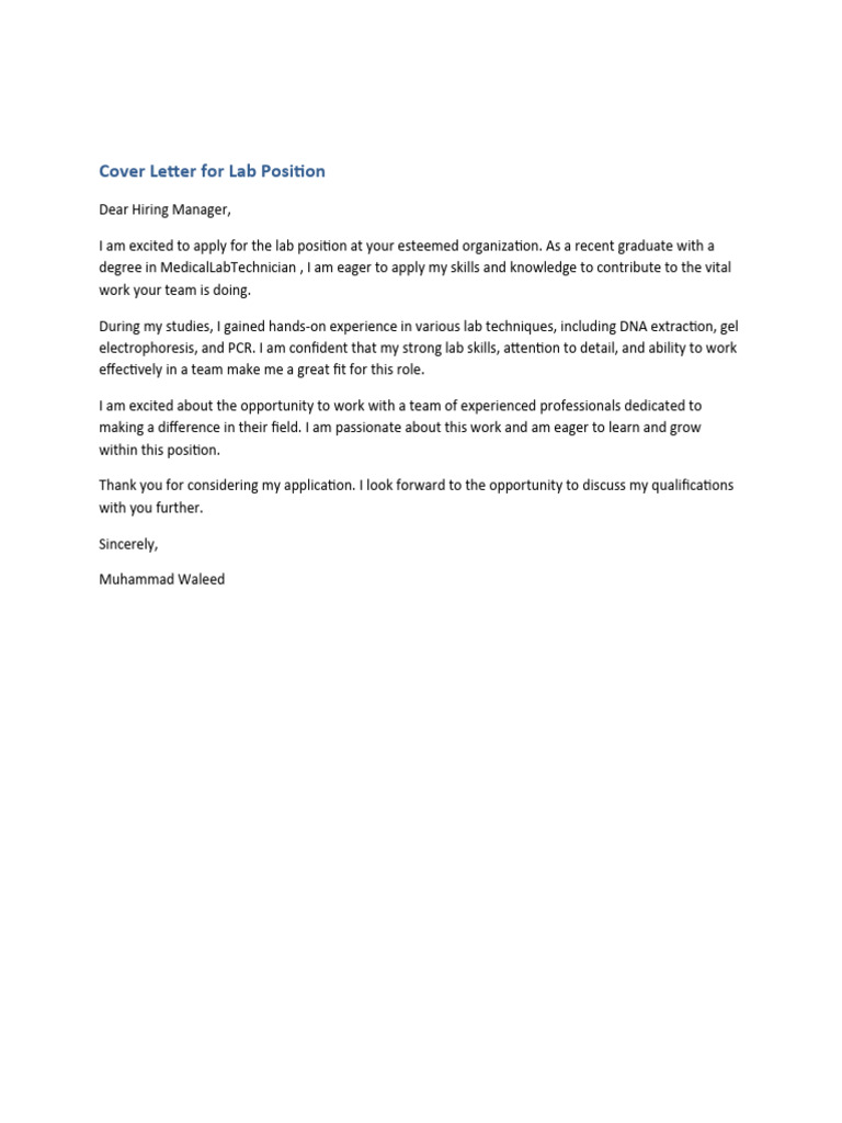 Cover Letter: Medical Lab Technologist | PDF | Career & Growth