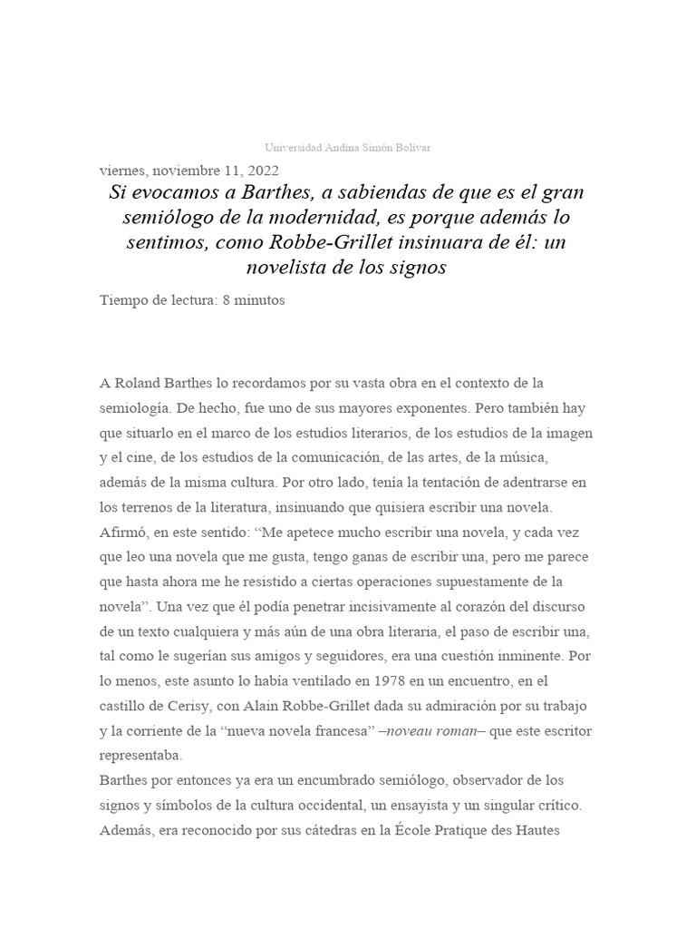 Revisitar A Barthes | PDF | Novelas | Semiótica