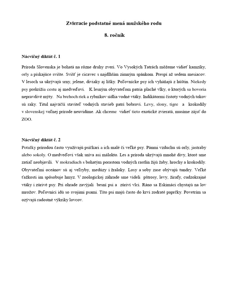 Zvieracie Podstatn Men MR N cvi n Dikt ty PDF