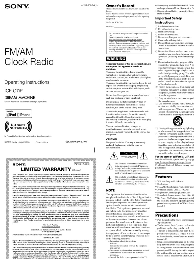 Sony ICFC7iP User Manual (English 2 Pages) PDF Ac Power Plugs