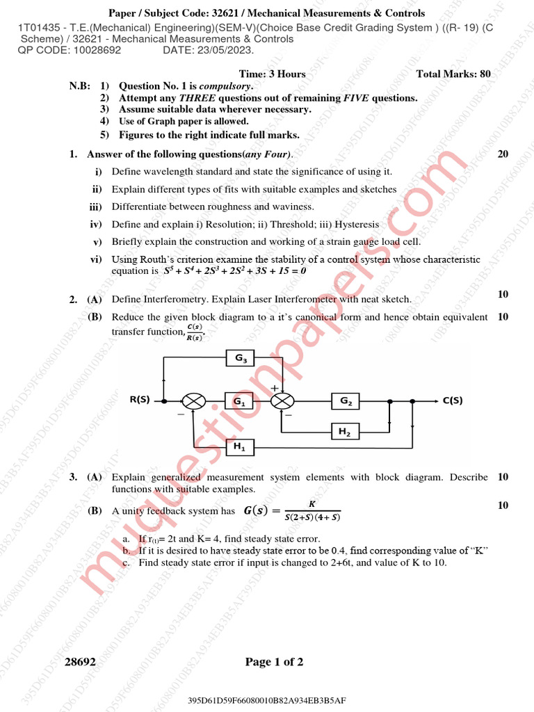 Mechanical Measurements & Controls Exam Guide | PDF | Physical Sciences