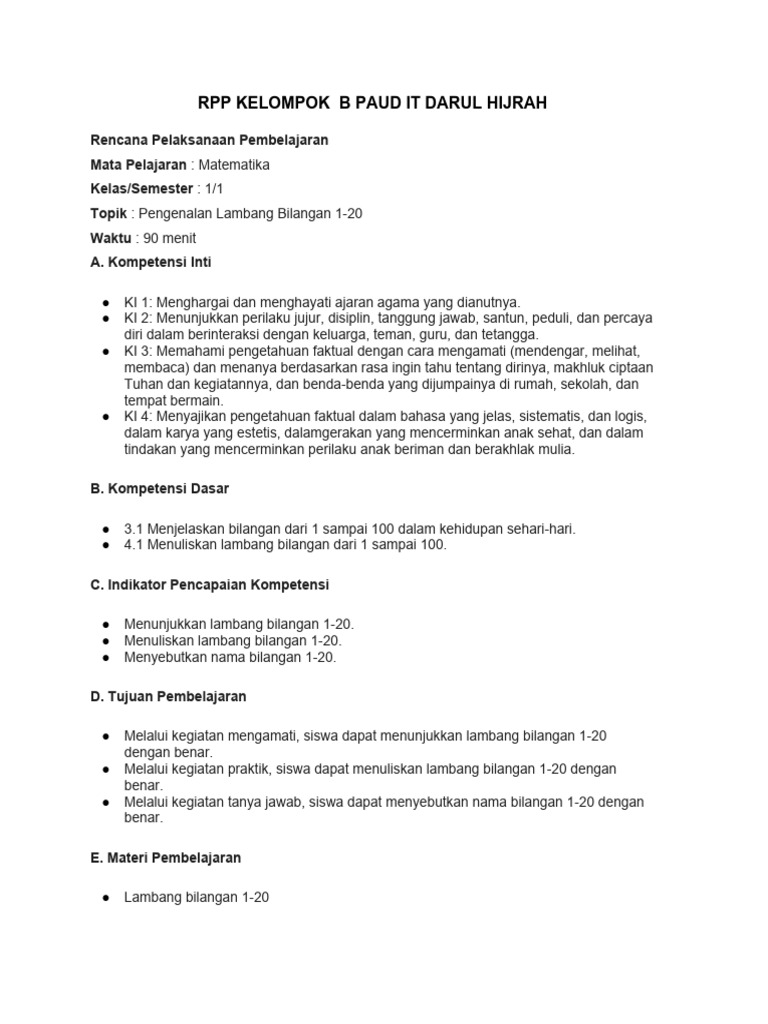 RPP Matematika PAUD: Bilangan 1-20 | PDF | Karier & Perkembangan ...