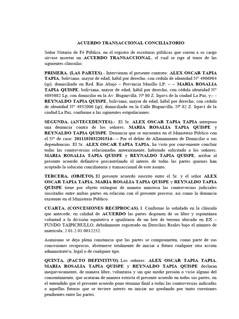Acuerdo Transaccional Conciliatorio Bolivia | PDF | Justicia | Crimen y ...