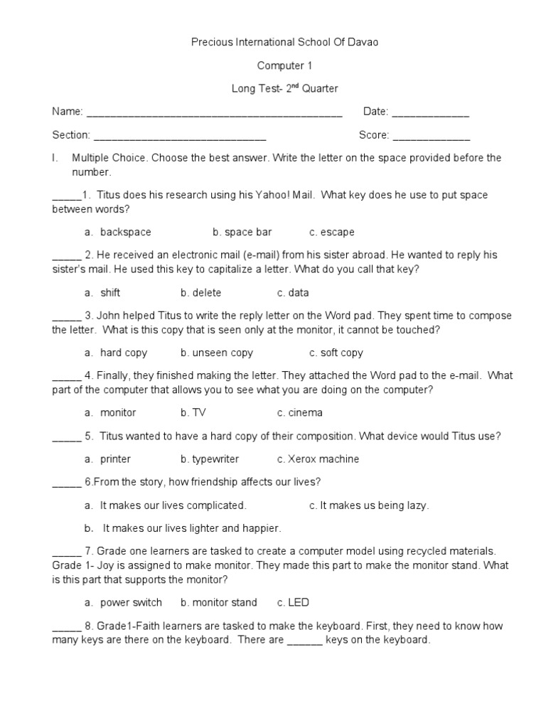 Computer Basics Long Test | PDF | Printer (Computing) | Computer Keyboard