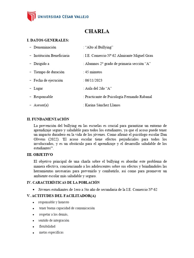 Charla sobre Prevención del Bullying | PDF | Agresión | Injusticia