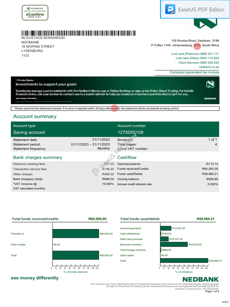 Nedbank statement nov2023 pdf banks fee