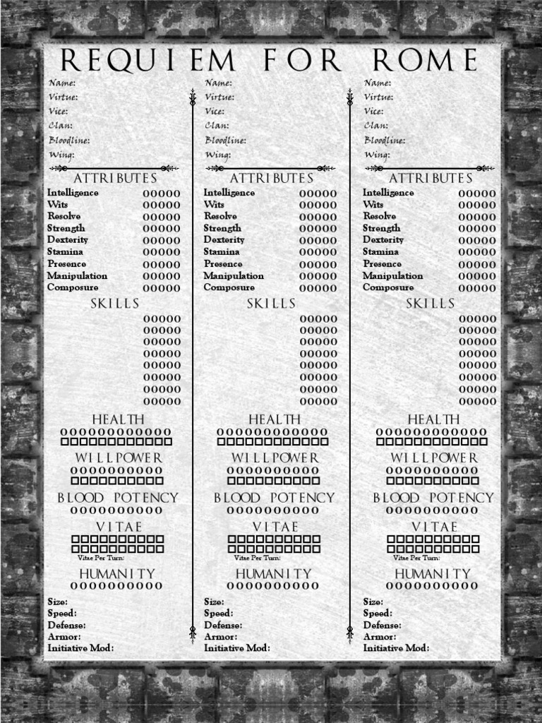 Character Sheet for Requiem for Rome | PDF