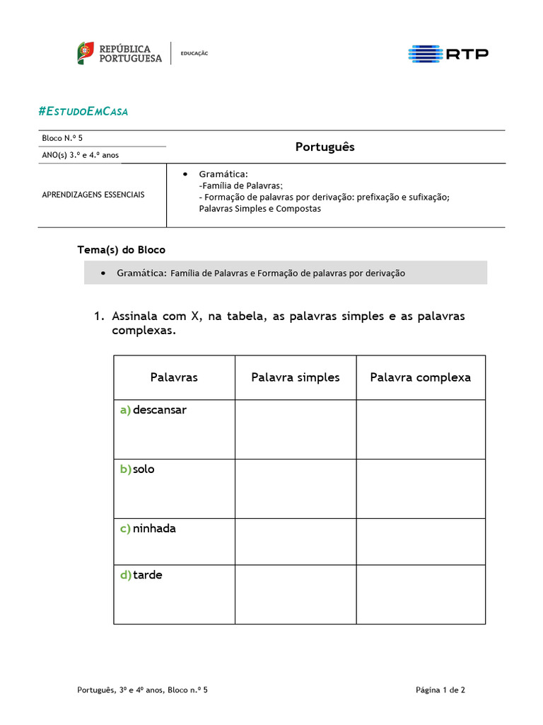Gramática: Formação de Palavras 3º e 4º anos | PDF | Artes Linguísticas ...