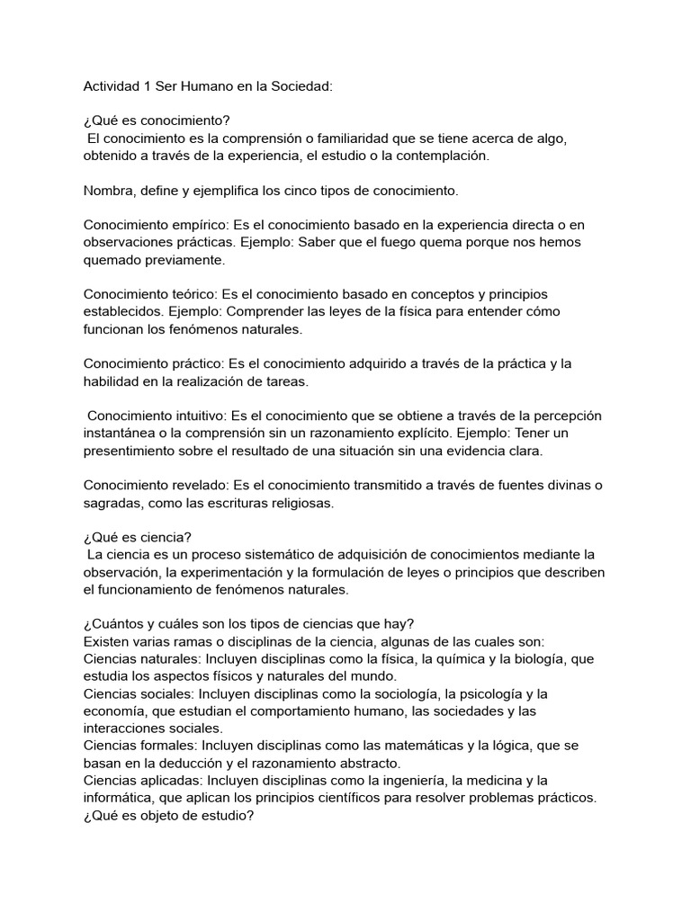 Actividad 1 Ser Humano en La Sociedad | PDF | Conocimiento | Science