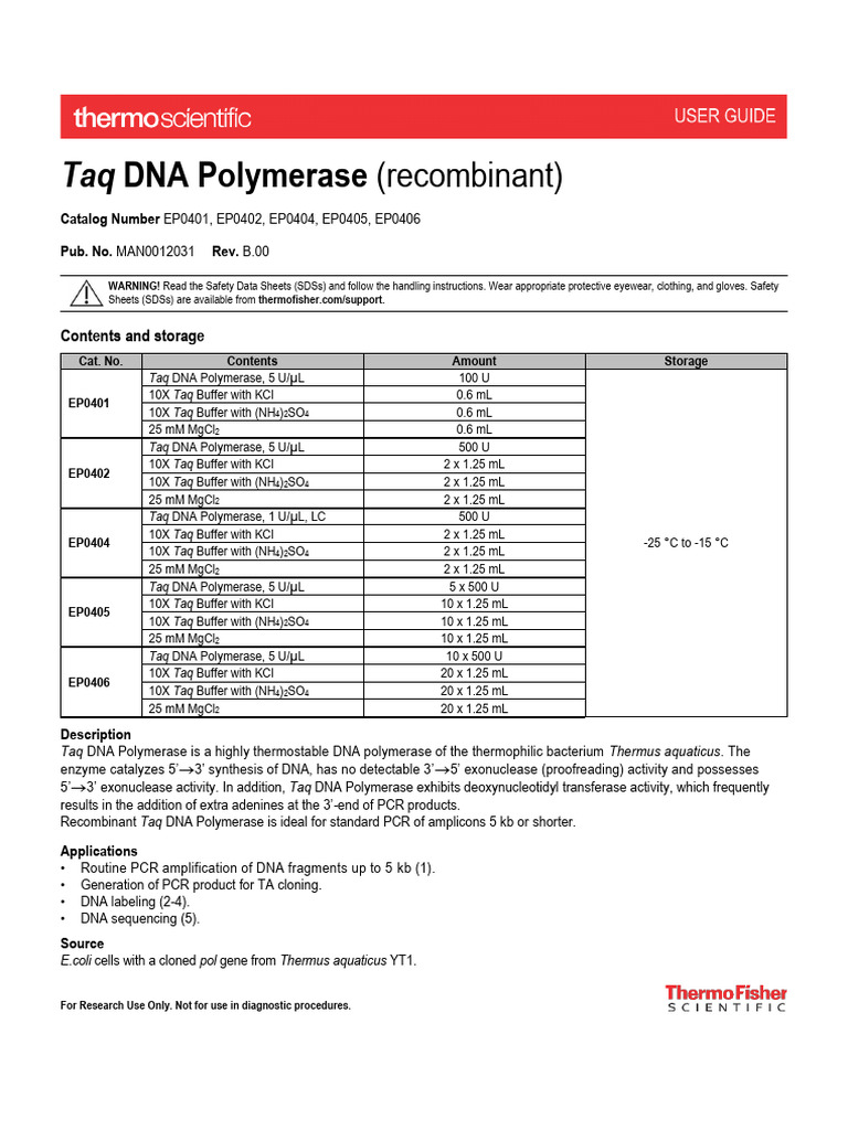 Taq DNA Polymerase Protocol Guide | PDF | Polymerase Chain Reaction ...
