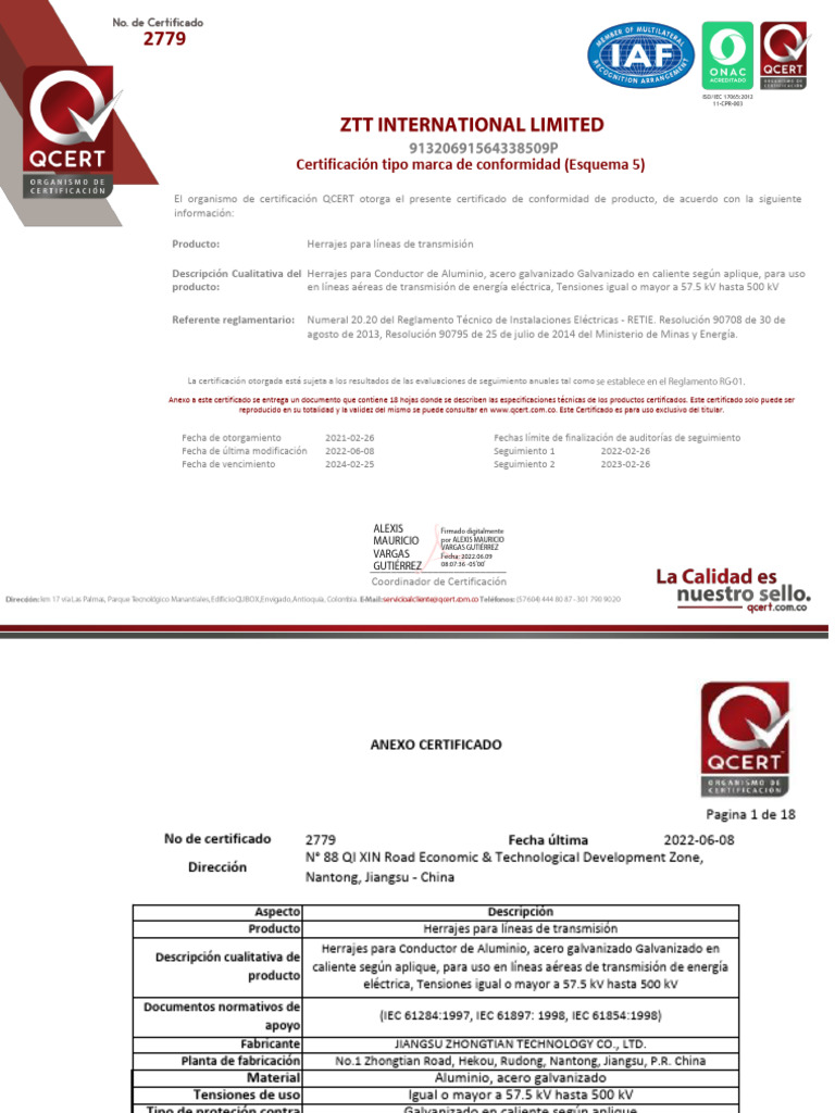 Certificación de Herrajes ZTT International | PDF