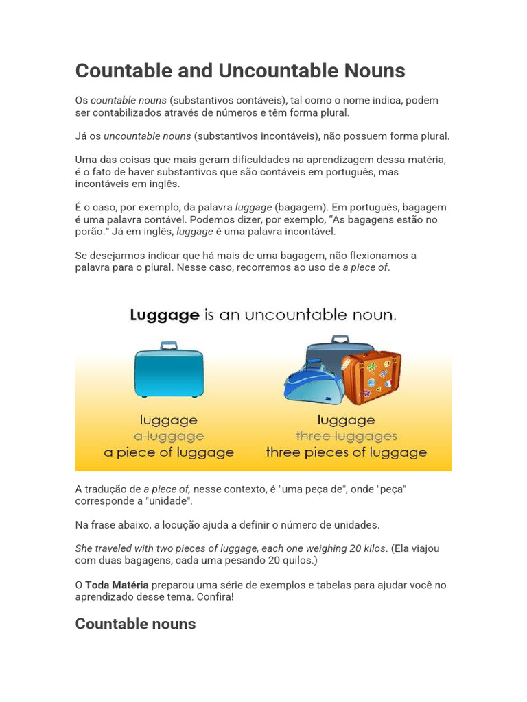 Substantivos Contáveis e Incontáveis em Inglês | PDF | Plural | Substantivo