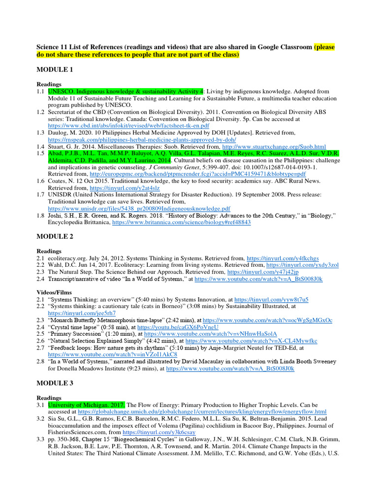 Science 11 List of References | PDF | Biodiversity | Conservation Biology