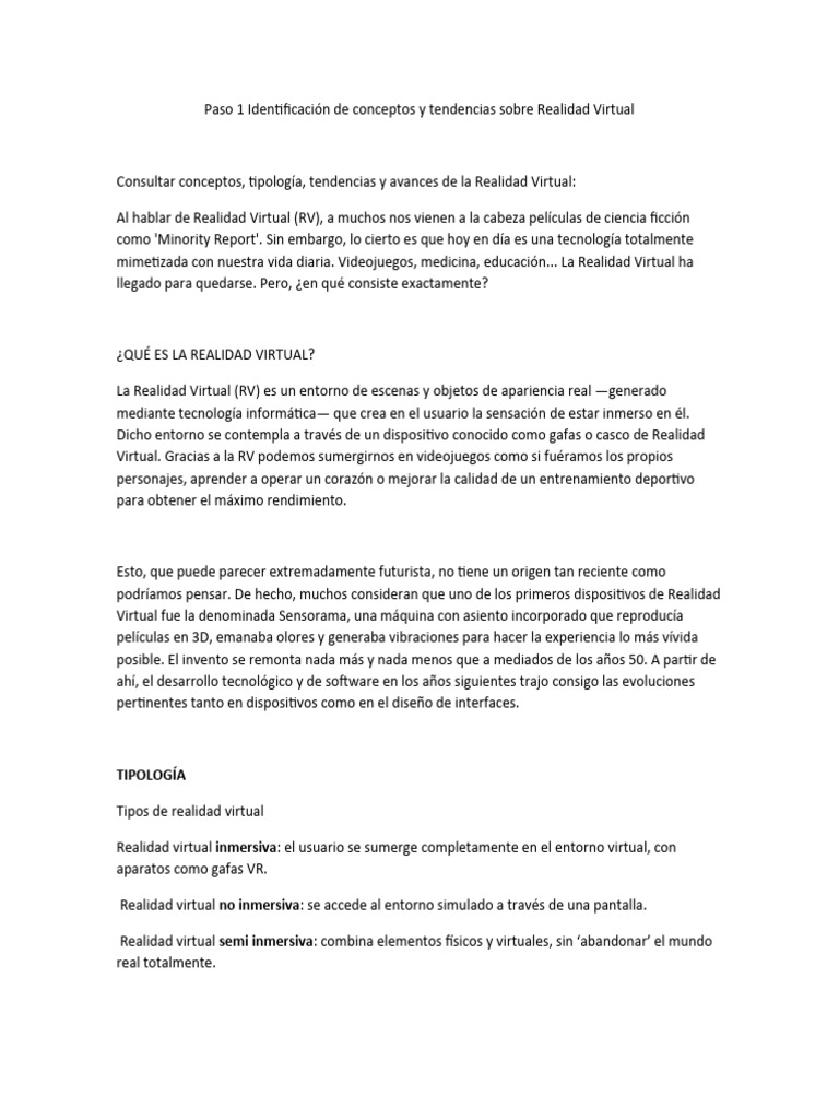 Paso 1 Identificación de Conceptos y Tendencias Sobre Realidad Virtual ...