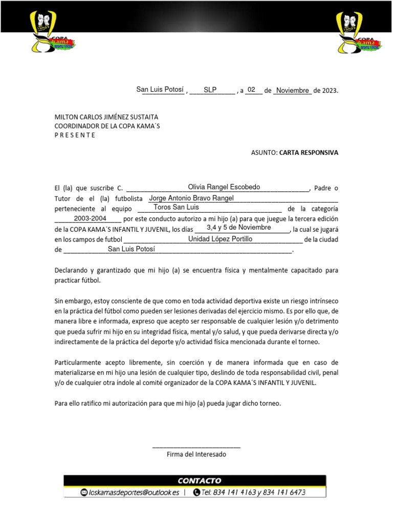 Carta Responsiva para Copa Kama's 2023 | PDF | Asociación de Futbol