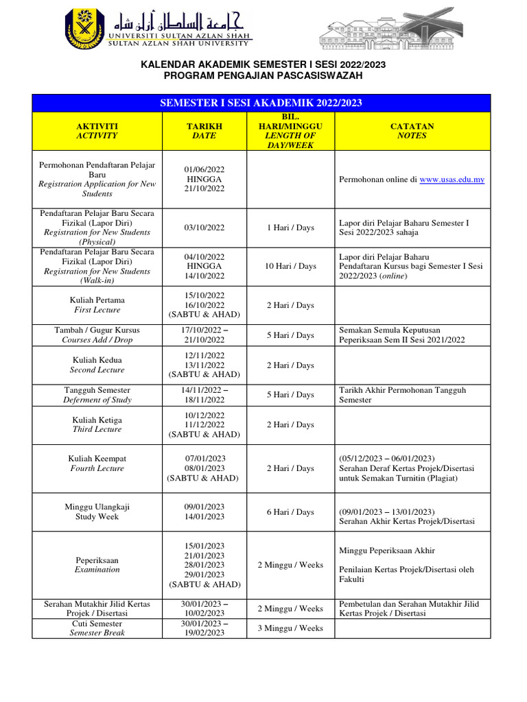 Kalendar Akademik Pengajian Pascasiswazah Sesi 2022 2023 Pdf