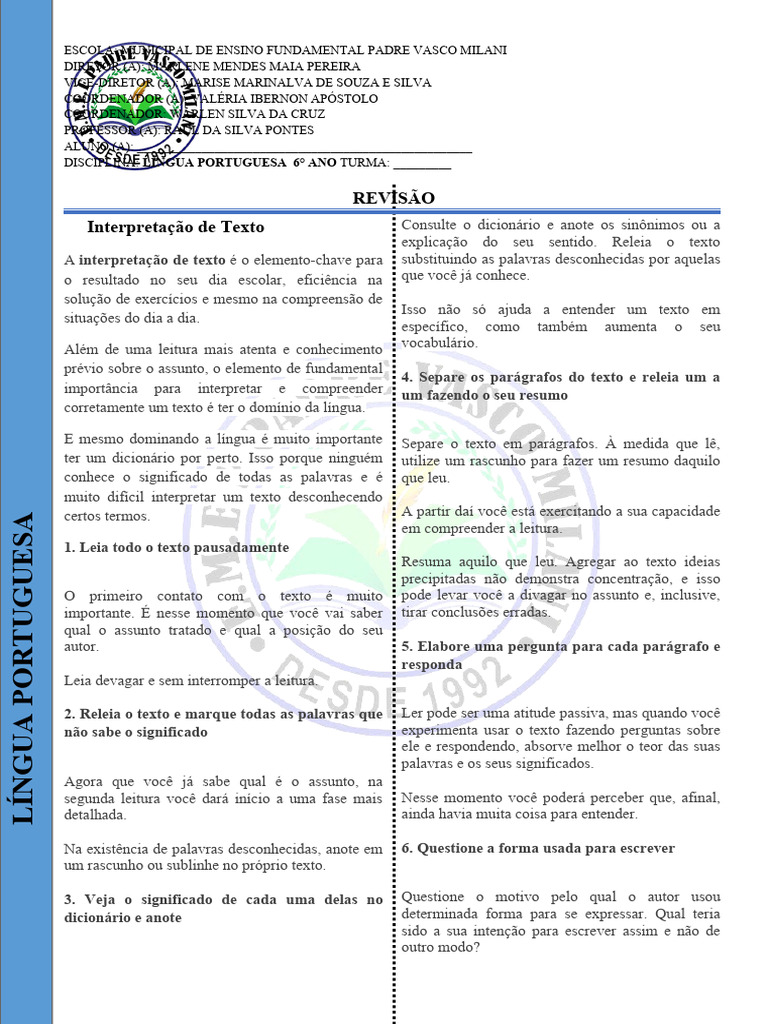 Interpretação de Texto para 6º Ano | PDF | Artes Linguísticas e Disciplina