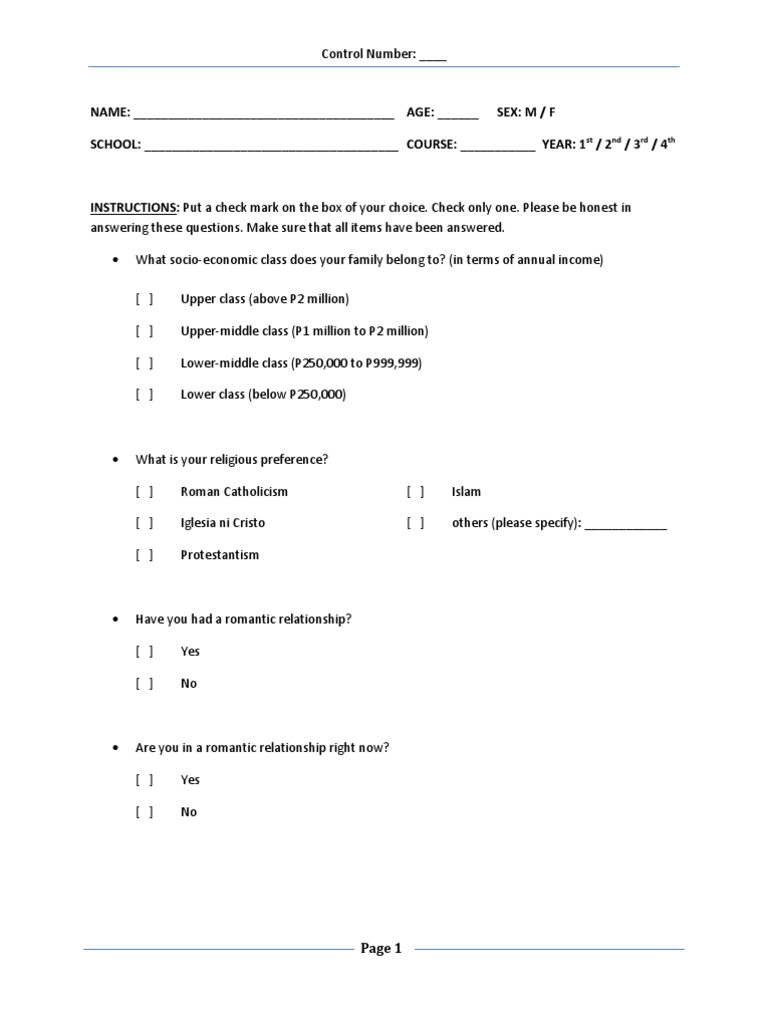Student Relationship Survey Questionnaire | PDF | Marriage | Sexual ...