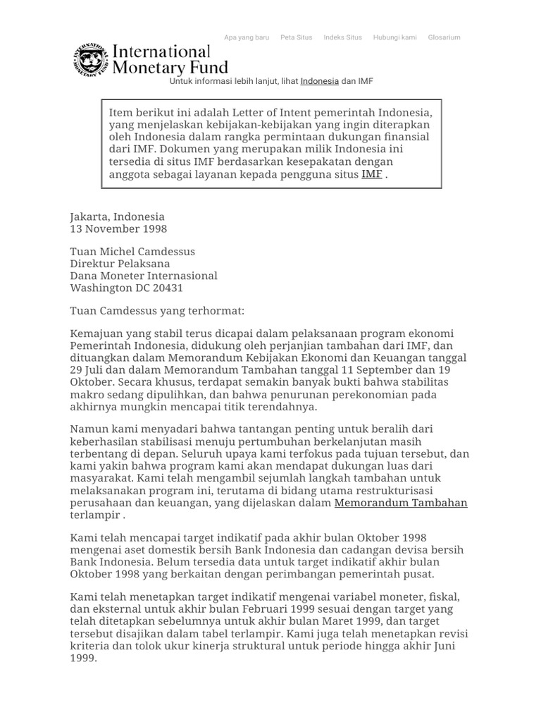 Letter of Intent Indonesia, 13 November 1998 | PDF