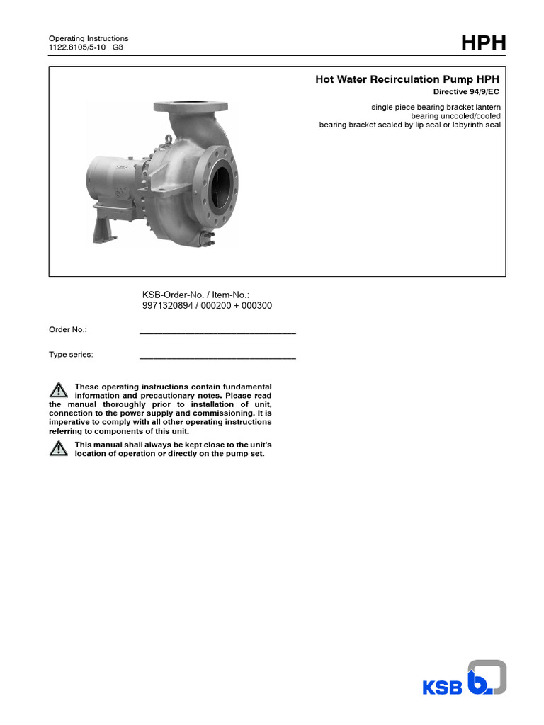 HPH Hot Water Pump Operating Manual | PDF | Pump | Bearing (Mechanical)