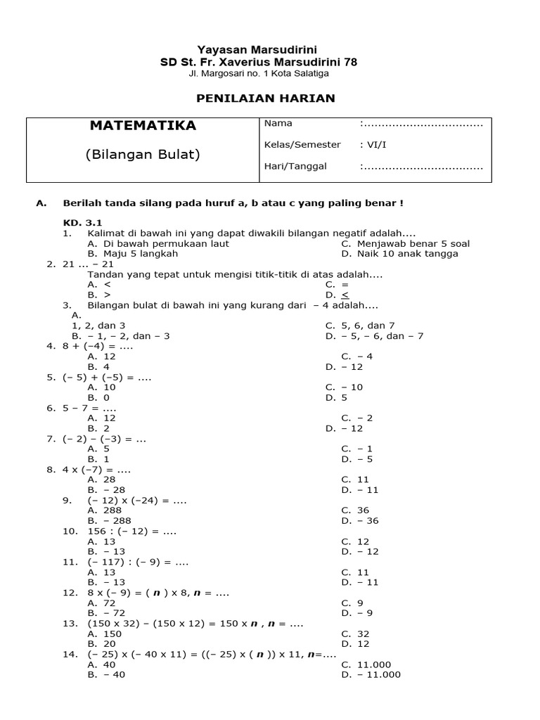 Soal Penilaian Harian Matematika Kelas 6 Semester 1 Bilangan Bulat Pdf