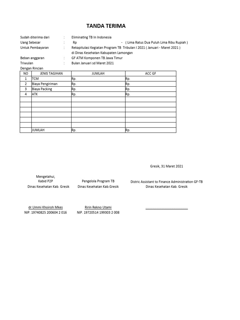 Tanda Terima Pembayaran Program TB | PDF