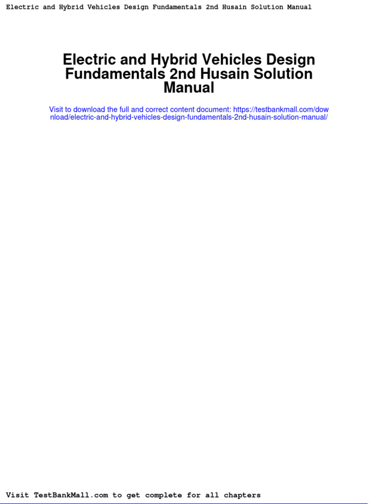 Electric and Hybrid Vehicles Design Fundamentals 2nd Husain Solution Manual Download Free PDF
