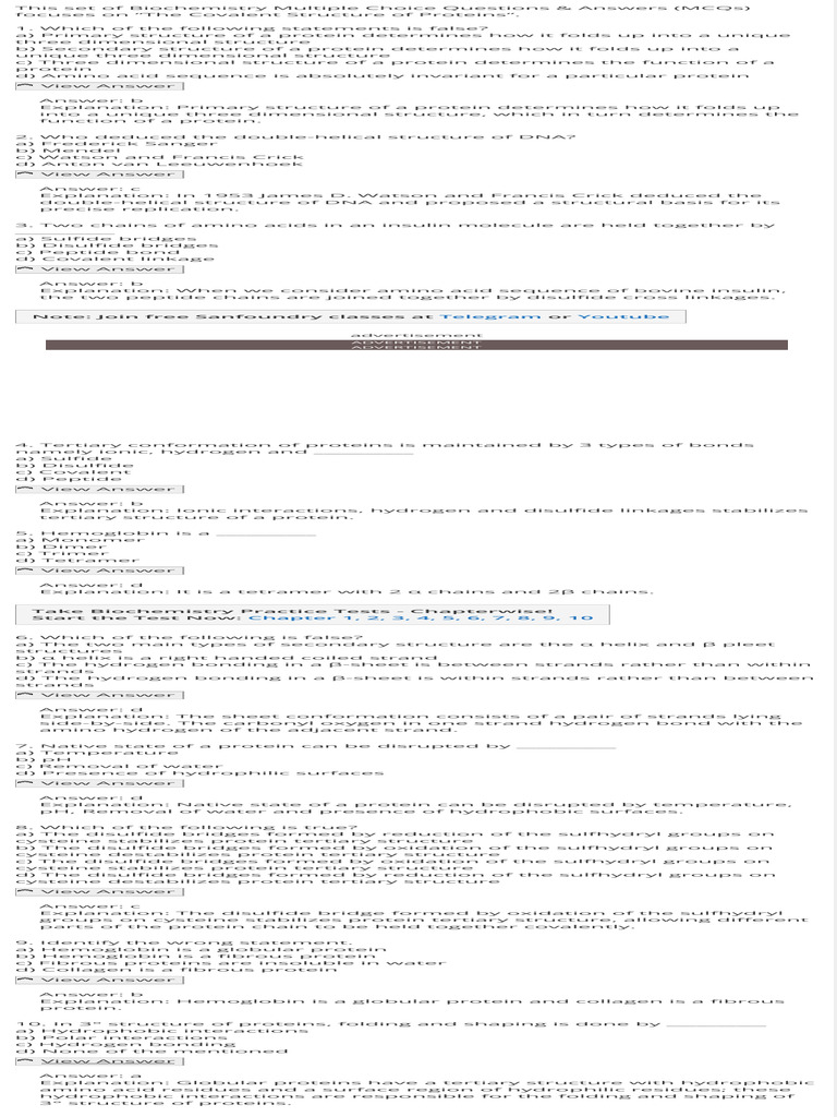 Proteins Covalent Structure Biochemistry Questions and Answers