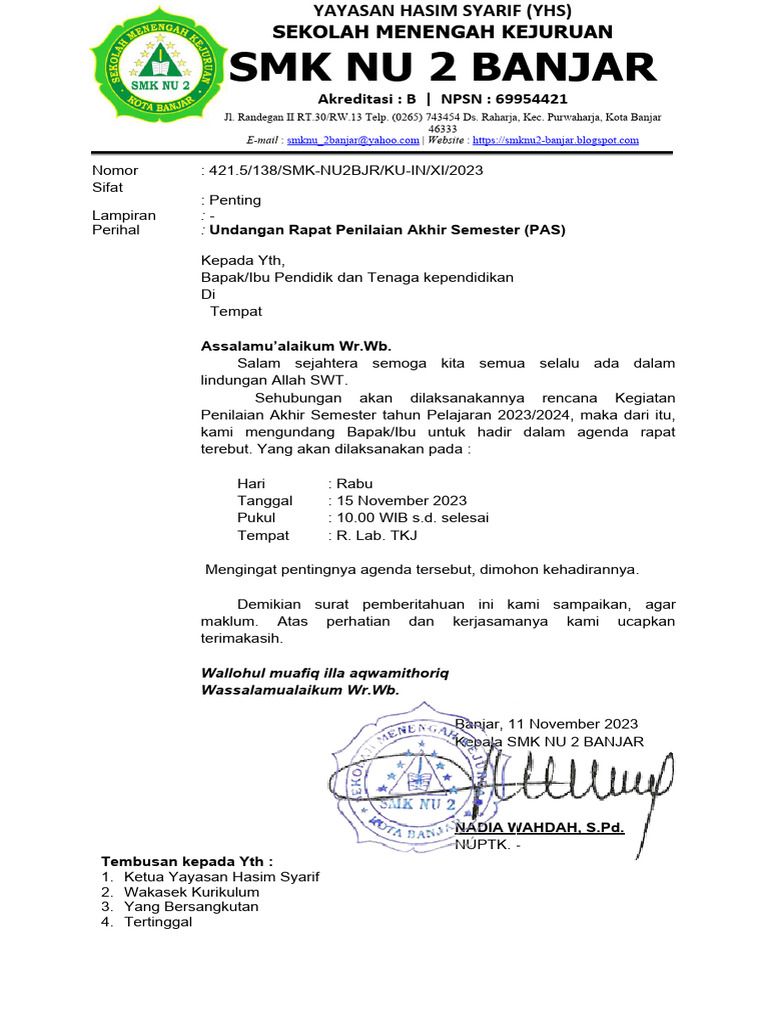 Undangan Rapat Penilaian Akhir Semester2023 | PDF