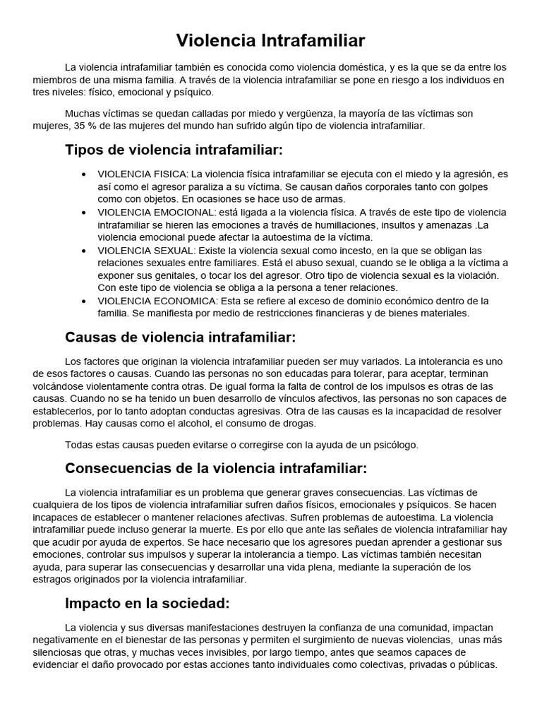 Tipos y Consecuencias de la Violencia Intrafamiliar | PDF | Violencia ...