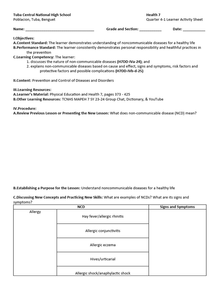 Health 7 Activity Sheets | PDF | Non Communicable Disease | Stress ...
