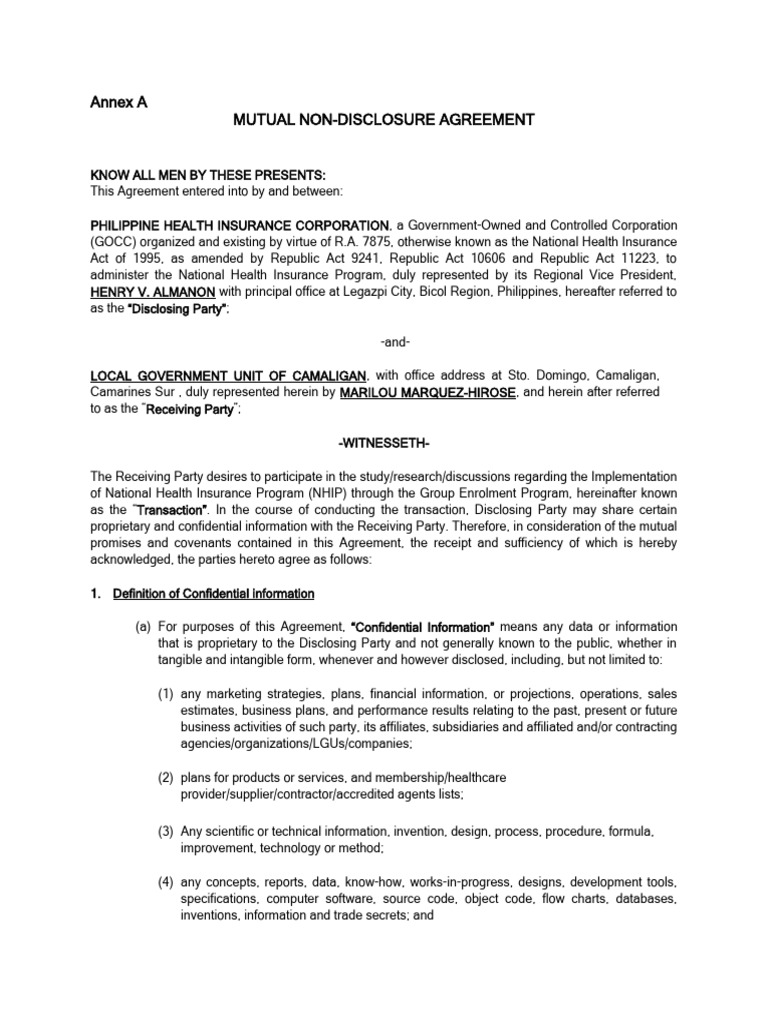 Annex a philhealth nda download free pdf confidentiality legal