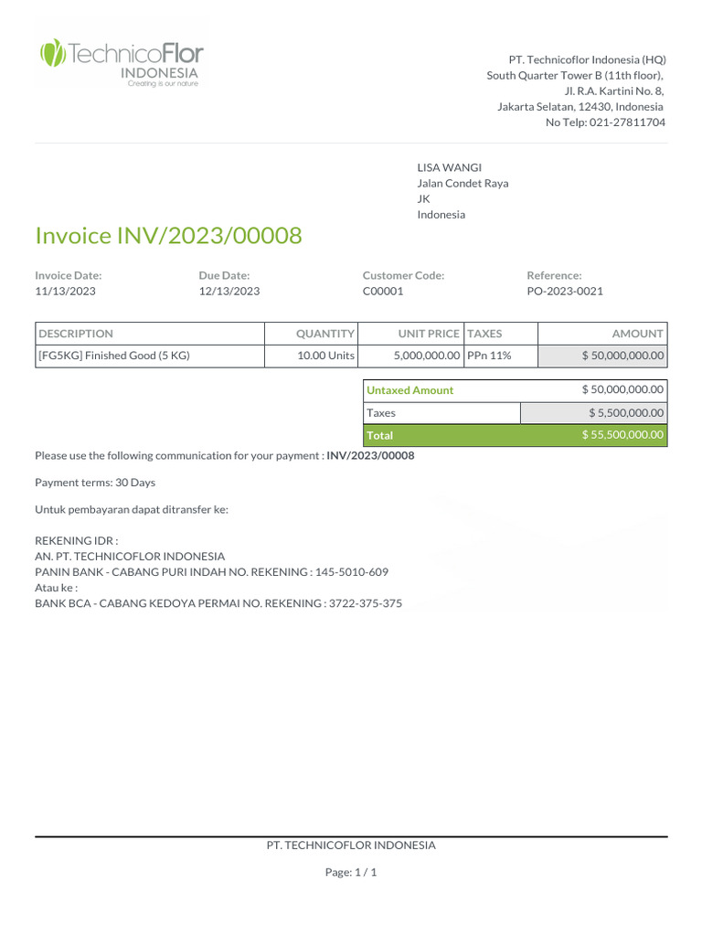 Invoice for PT Technicoflor Indonesia | PDF