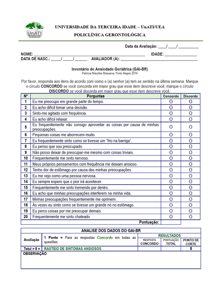 ANSIEDADE - Escala de Ansiedade Geriatrica GAI | PDF | Ansiedade ...