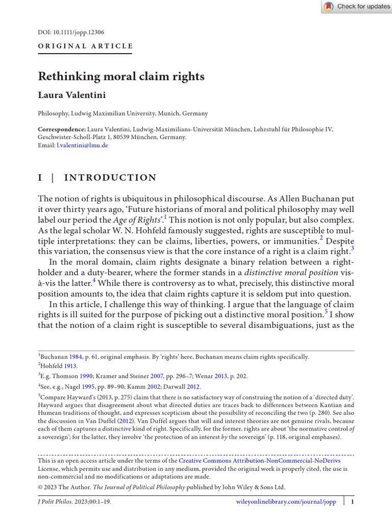 Laura Valentini Rethinking Moral Claim Rights 2023 | PDF | Rights | Concept