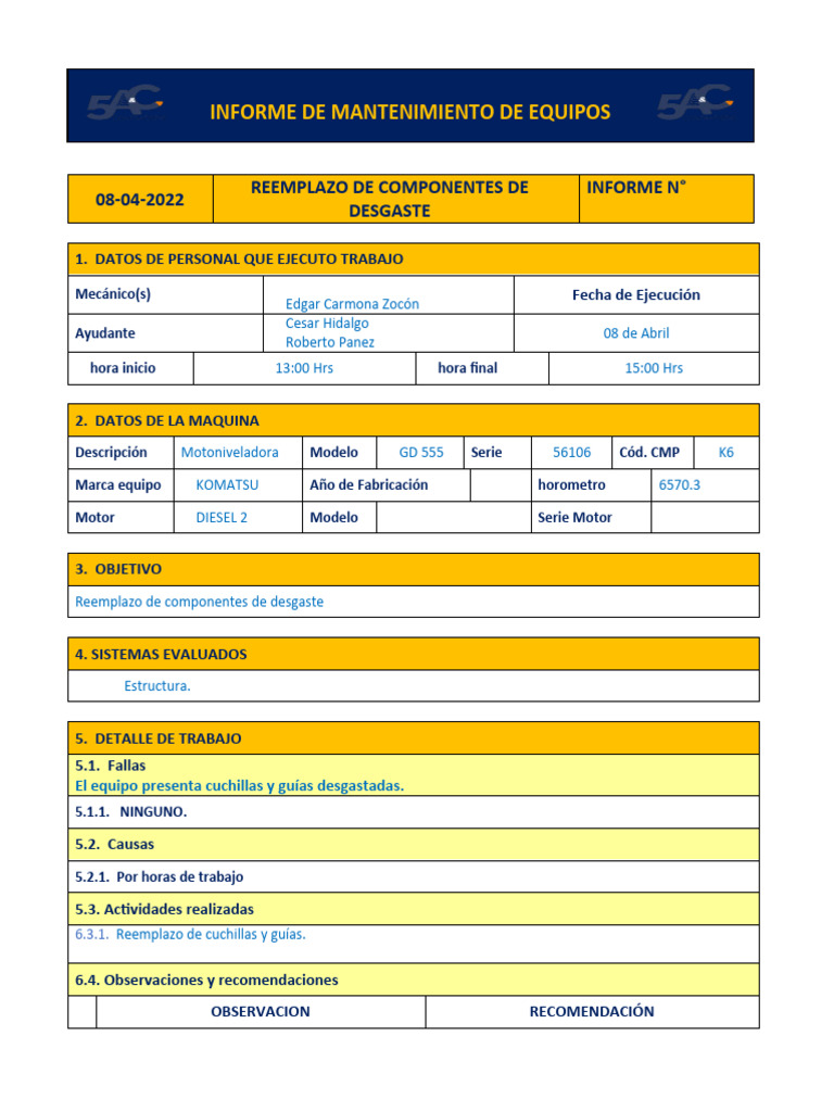 Informe de Reemplazo de Elementos de Desgaste Motoniveladora GD555 K6 | PDF