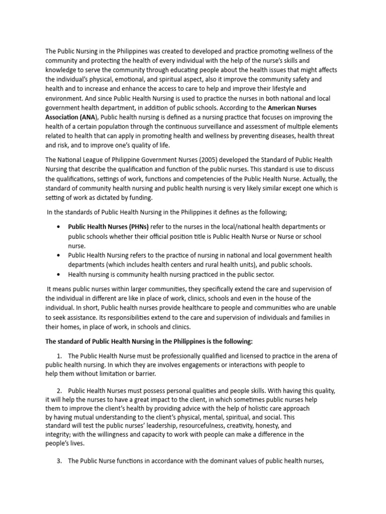 Standards of Public Health Nursing in the PH | PDF | Nursing | Public ...