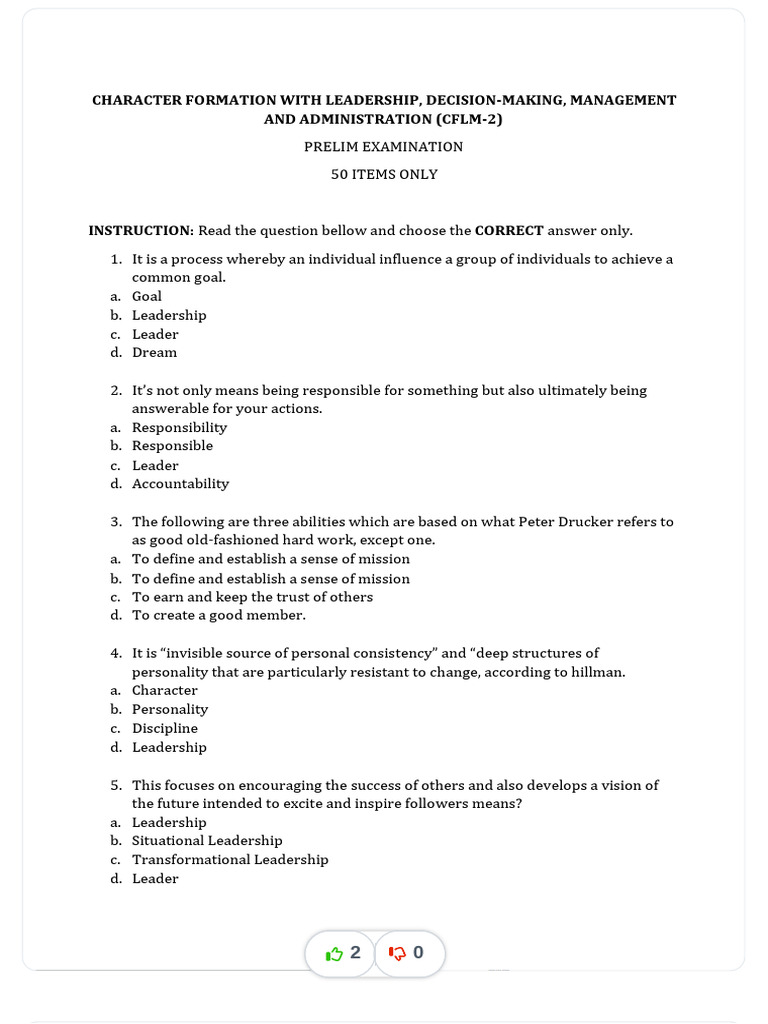 CFLM 2 Leadership Exam Review | PDF | Leadership | Courage