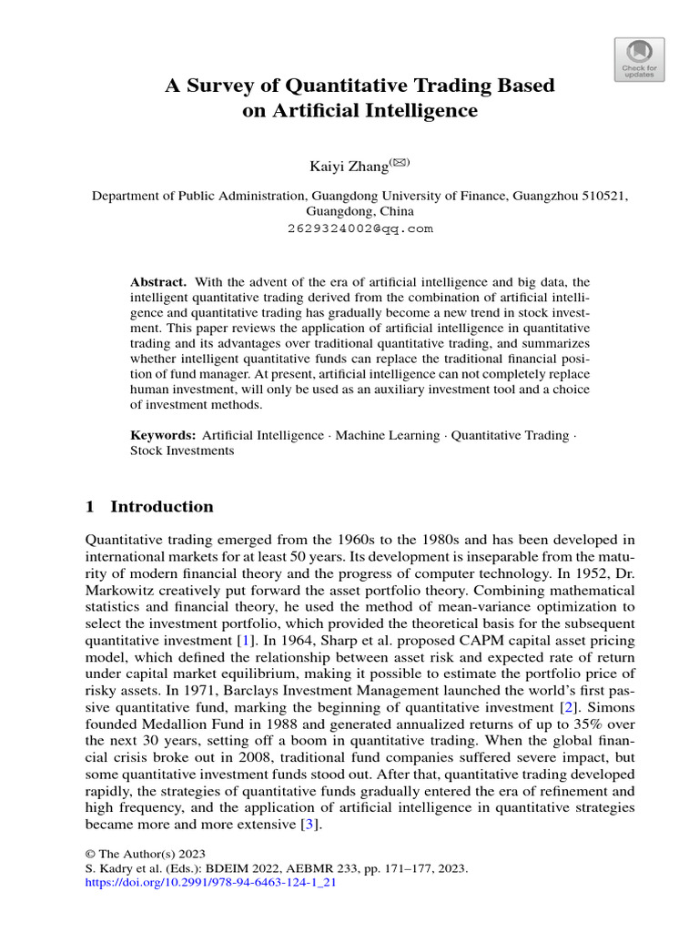 A survey of quantitative trading based on artificial intelligence pdf