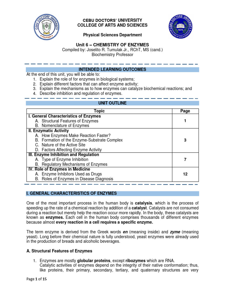 Unit 6 Chemistry of Enzymes PDF Enzyme Enzyme Inhibitor