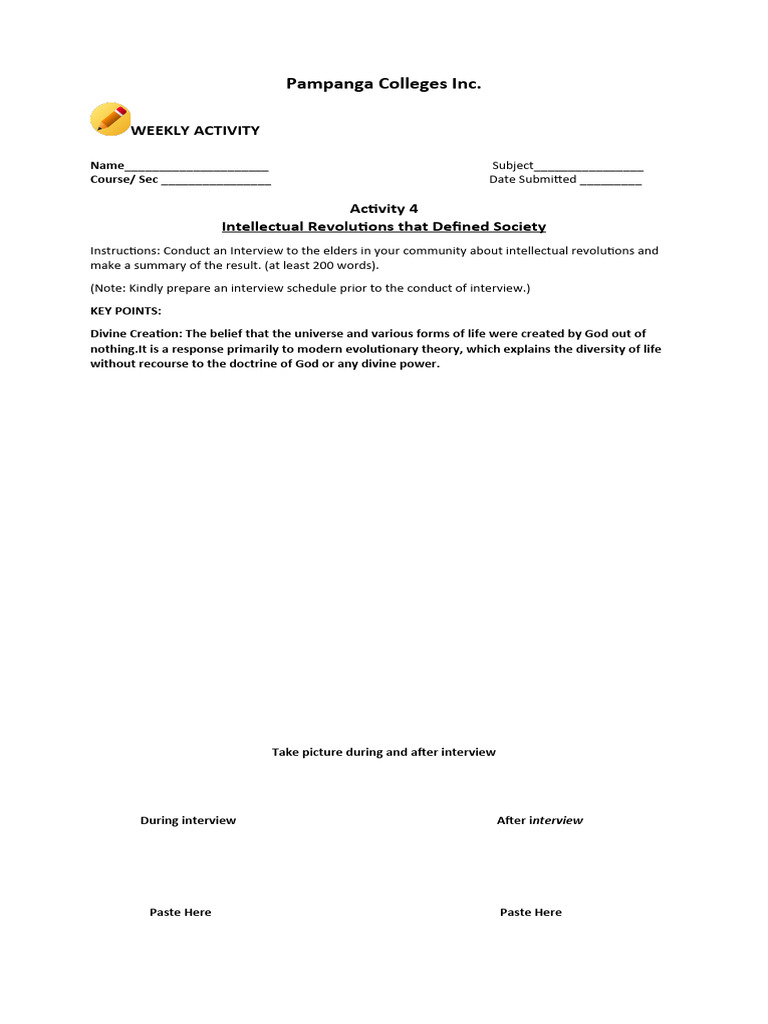 Weekly activity pdf social science